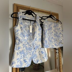 Commense Blue and White Floral Skirt Set